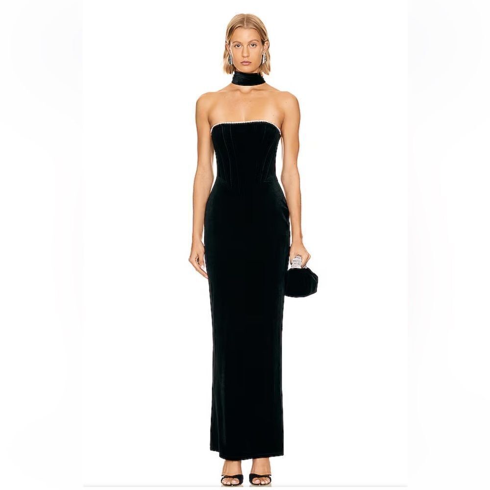 Khanums Karyln Dress diamond Black velvet straplesss corset bustier gown Revolve